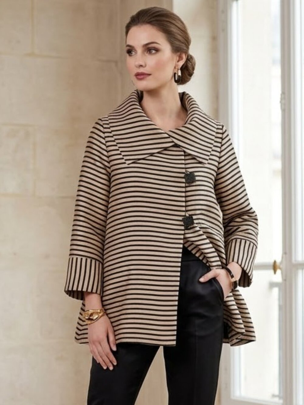 IC By Connie K Jacket Blouse Top Art-to-Wear Stripes Gold Black Lagenlook size L